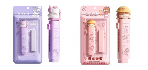 Image of Parshya Cute Retractable Eraser for Kids | Unicoorn and Peach Girl Push-Pull Rubber Set | Fun School Supplies & Novelty Stationery for Girls and Boys