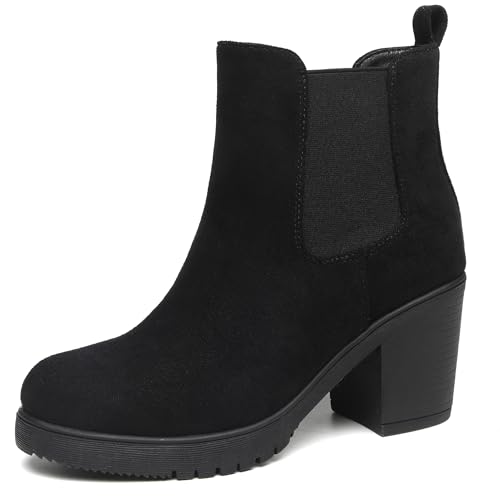 Best Boots for Fat Ankles: Find Your Perfect Fit! 12 TYNDALL Womens Black Chelsea Ankle Boots For Women Fall Platform Lug Sole Slip-On Elastic High Chunky Heel Booties Shoes