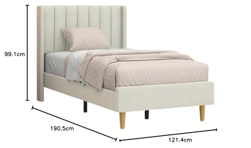 Image of Modern Upholstered Single Size Bed Without Storage | Single Size Bed for Bedroom with Headboard | Palang Furniture for Guest Room, Hotels and Home | Cream, (Cream)