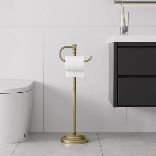 RUMOSE Toilet Paper Holder Stand for Floor,Antique Brass Adjustable (12.4" to 22.8") Bathroom Toilet Tissue Holder, Free Standing Paper Roll Holder with Storage, Stainless Steel by RUMOSE - Image 2