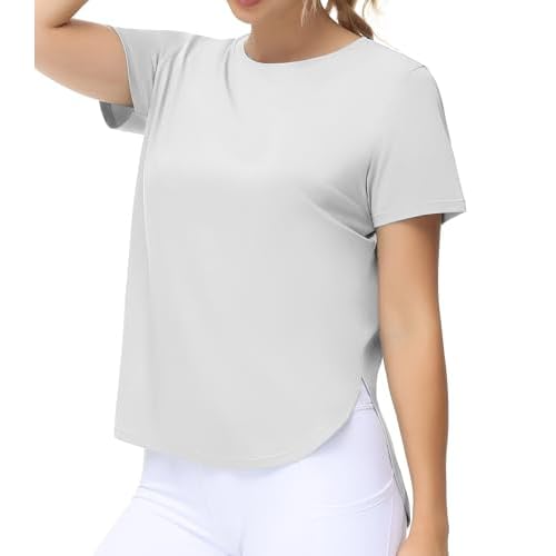 THE GYM PEOPLE Women's Workout T-Shirts Loose Fit Short Sleeve Cotton Running Basic Tee Tops with Split Hem Small Bright Grey