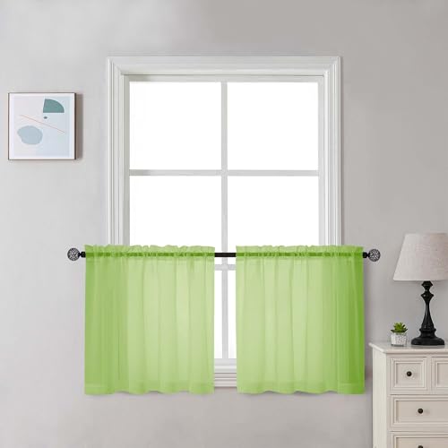 Image of Chyhomenyc Sheer Lime Tier Curtains 24 Inch Length Set, Small Window Kitchen Curtains for Bathroom Living Room Basement, Farmhouse Short Voile Curtain 42Wx24L, Rod Pocket, 2 PCS