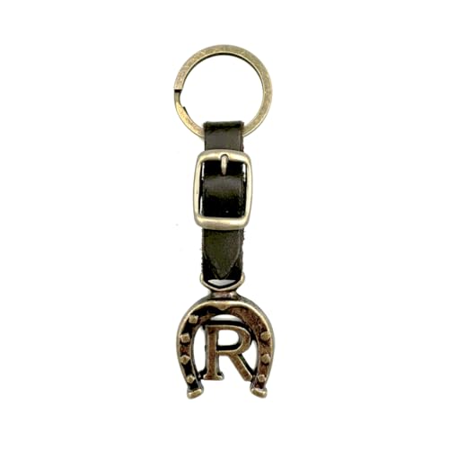 JA Horse Llavero de piel, cobre, herradura, caballo, jinete, letra A-Z, fabricado en Europa, R, 10 cm