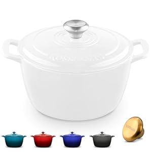 Signature Enameled Cast Iron Dutch Oven, Non-Stick Serving Pot with Tight Fitting Lid for Perfect Roasting, Baking, Sauteing, and Bread Making | 5.5Q (5.2L) – White