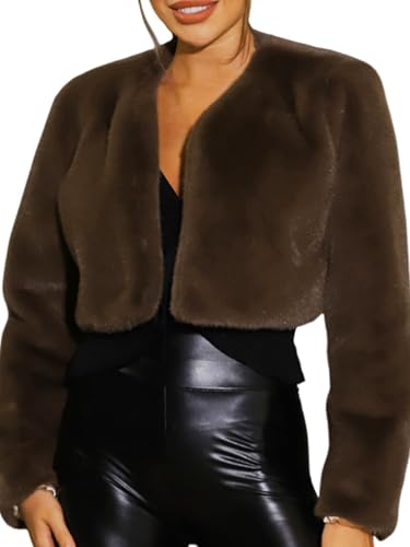 JAKAWIN Women's Short Faux Fur Jacket Brown Shaggy Coat Jackets