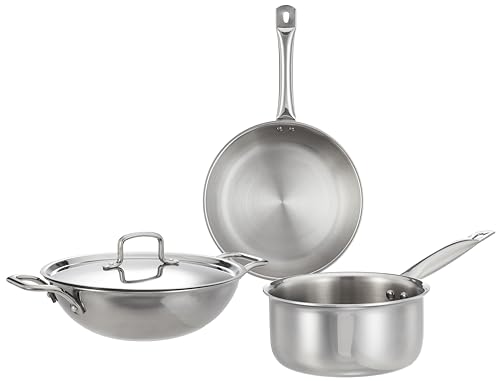 Amazon Brand - Solimo Triply Stainless Steel 3 Piece Cookware Set(Kadhai/Wok 24 Cm, Fry Pan - 24 Cm with Common Lid & Tea/Milk Saucepan-16 Cm) Induction and Gas Stove Compatible, Silver