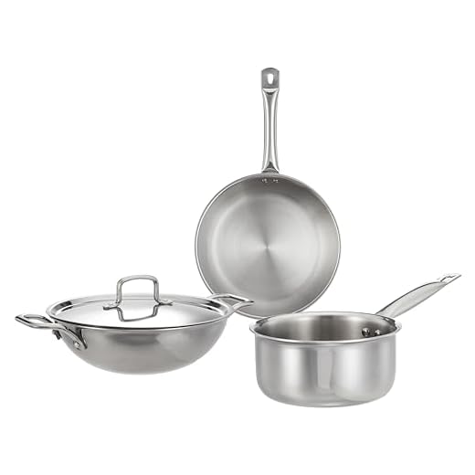 Amazon Brand - Solimo Triply Stainless Steel 3 Piece Cookware Set(Kadhai/Wok 24 Cm, Fry Pan - 24 Cm with Common Lid & Tea/Milk Saucepan-16 Cm) Induction and Gas Stove Compatible, Silver