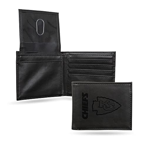 NFL Kansas City Chiefs Billfold Wallet Black - Laser Engraved Vegan Leather 4 Card Slots ID Window