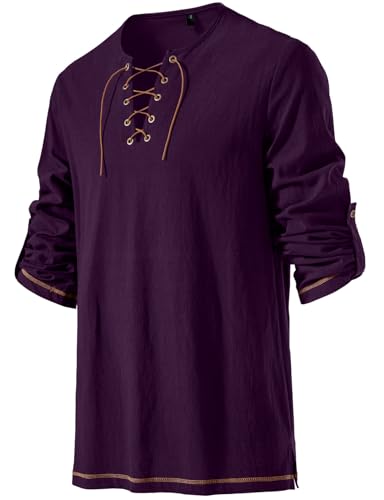 Image of JEMITOP Men's Pure Cotton Vintage Lace Up Shirts for Pirate Renaissance Viking Medieval Costume Without Belt