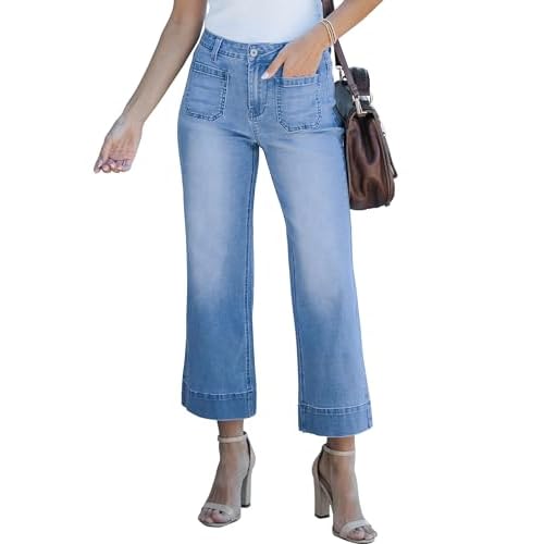 luvamia Wide Leg Jeans for Women Trendy High Waisted Flare Jeans Cropped Denim Pants Stretchy Baggy with Patch Pockets X-Small Medium Blue