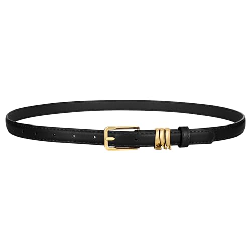 XZQTIVE Women Skinny Leather Belt Ladies Black Thin Waist Belt for Dresses Jeans Pants with Gold Buckle and Metal Loops