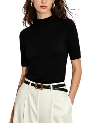 Image of Short Sleeve Mock Neck Turtleneck Sweater Tops Knit T Shirts Capsule Wardrobe Essentials