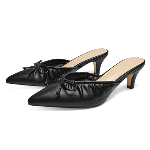 Women's Ruffled Pointed Toe Mule Sandals Bow Detailed Slip On Low Heeled Kitten Heels Slippers4