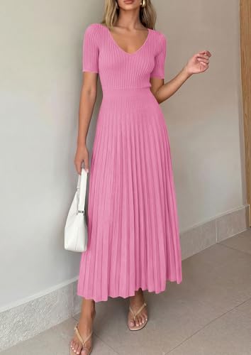 Image of PRETTYGARDEN Women's 2026 Spring Midi Sweater Dresses Elegant Pleated Ribbed Knit Short Sleeve V Neck A Line Summer Outfits