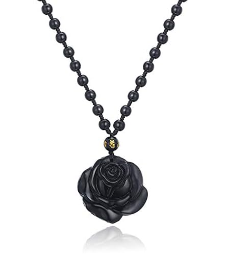 Thajaling Collar con colgante de rosa con talla de cristal de obsidiana negra, colgante de piedra de obsidiana con flor de piedras preciosas naturales de Reiki curativo, regalo | Ya disponible en tu tienda friki favorita! En mundofriki.es!