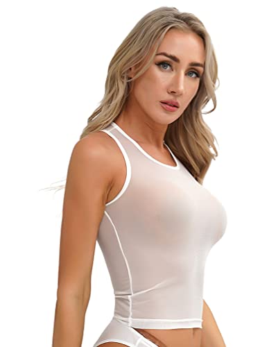 Jhaoyu Women Sexy Sheer Mesh Vest U Neck Sleeveless Crop Tops Transparent Tank Top Club Wear3