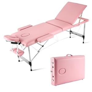 Careboda Portable Massage Table Upgraded 2″ Thick Sponge, Height Adjustable Aluminum Massage Bed with Headrest, Armrests and Carry Bag, Professional Massage Tables for Spa, Salon, Tattoo Macaron Pink