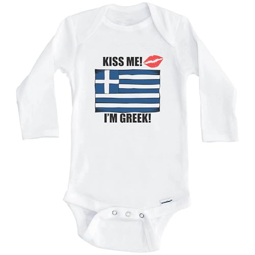 Kiss Me I'm Greek Cute Greece Flag One Piece Baby Bodysuit (Long Sleeve)
