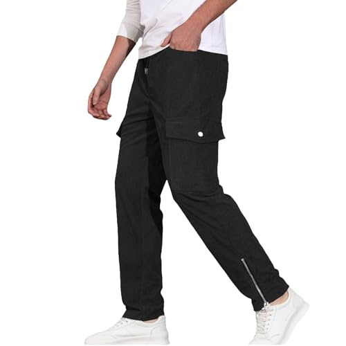 Corduroy Pants Men Cargo Straight Leg Pull On Relaxed Fit Pants Elastic Waist Casual Cargo Pants with Pockets