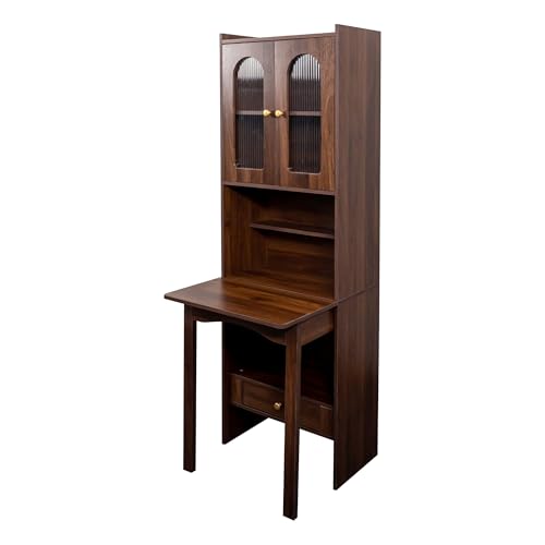 Image of Foldable Office Desk, Fold Out Convertible Hidden Murphy Computer Desk with Storage Shelves, Multi-Function Folding Writing Table for for Small Spaces, Home Office (Walnut.)