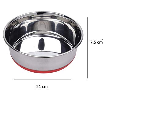 Image of Home Bargains Stainless Steel Water & Food Feeding Pet Bowl with 100% Silicon Bonded Rubber Base | Bowl for Dogs and Cats, Red
