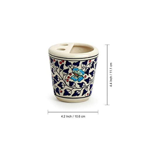 Image of ExclusiveLane 'Floral Feels' 3 Handpainted Piece Ceramic Bathroom Accessories Set of 3 (Soap Tray, Ceramic Toothbrush Holder for Bathroom, Liquid Soap Dispenser For Bathroom) |Soap Holder for Bathroom