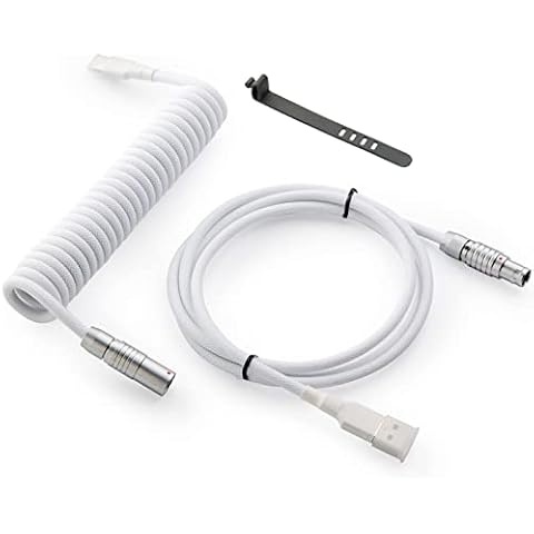GUNMJO Pro Custom Coiled USB C Cable for Gaming Keyboard, Double-Sleeved Mechanical Keyboard Cable with Slim Type Detachable Metal Aviator, 1.5M USB-C to USB-A, White Color Cover