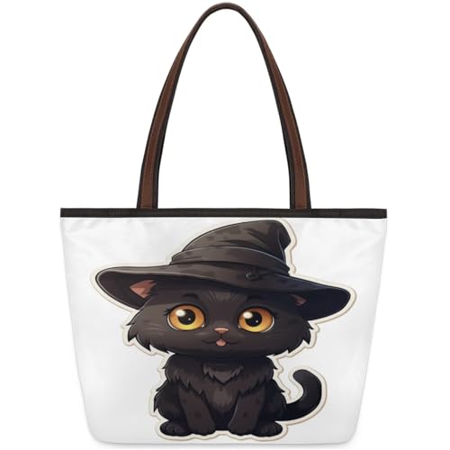 Cute Cat Hat Tote Bag Multi Pocket Zippered Beach Bag Lightweight Waterproof Handbag for Women Men Work Gym Travel Swimming Yoga Grocery Shopping M