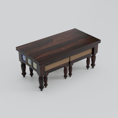 Image of Solid Sheesham Wood Center Coffee Table with 2 Cushioned Stools | Wooden Coffee Table | Space Saving Nesting Design for Living Room, Drawing Room, Hall, Bedroom, Office | Walnut Finish