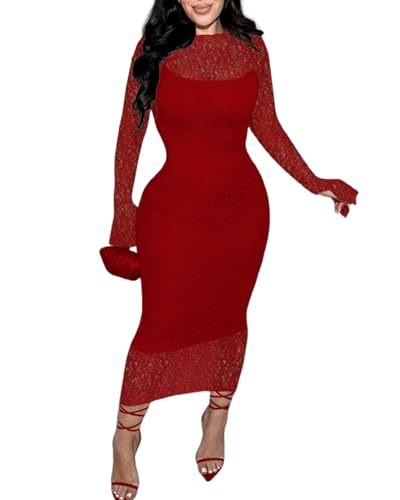 Doweha Womens Sexy Bodycon Lace Dress Elegant Long Sleeve Midi 2 Piece Dress Sets Cocktail Party Birthday Date Night Outfit Red M