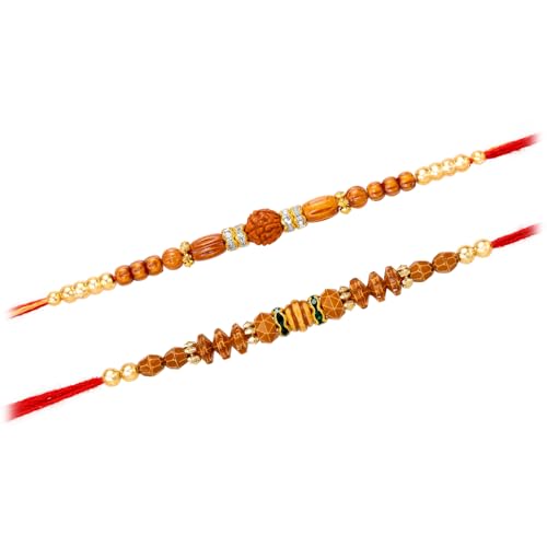 Image of Peora Rakhshabandhan Thread Rakhi for Brother Bhaiya | Kundan Beads & Crystal Studded | Combo Set of 2 | Rakhi Hamper Roli Chawal & Greeting Card