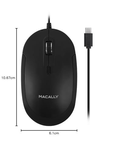 Macally Wired USB C Mouse for Mac and PC - Slim, Quiet, and Reliable - 3 Button Layout, Scroll Wheel, and 4 DPI Mode (800/1200/1600/2400) Type C Mouse for Laptop - Plug and Play USBC Mouse - Black