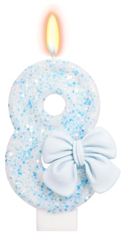 ElekFX Birthday Candle for Cake, Blue Bow Number Candles, 2.76 inch Number, Cake Topper Decoration for Birthday Party (Number 8)
