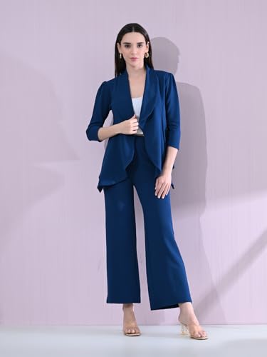 Image of Women's Solid Relaxed Fit 3 /4 Sleeve Cotton Blend Co-ord Blazer and Trouser Set