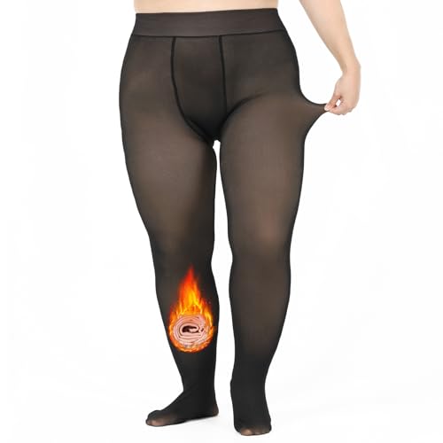 Image of Black Plus Size Fleece Lined Tights for Women Fake Translucent Pantyhose Warm Winter Thick Sheer Thermal Leggings