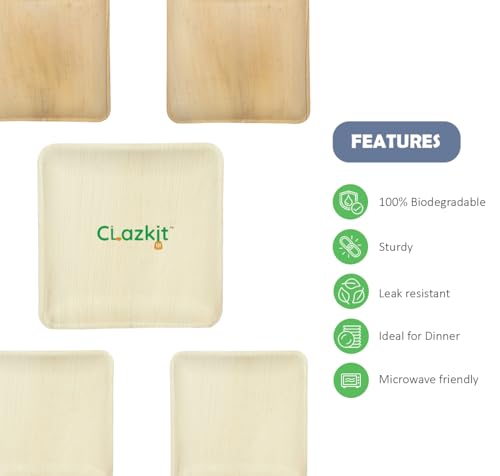 Image of Clazkit 25 Pack Areca Square Palm Leaf Plates| Like Wooden Bamboo | Eco Friendly, Biodegradable, Use and Throw Small Dona | for Serving Pasta, Soup & Snacks | Birthday, Wedding & Party (6 inch X 6 inch)
