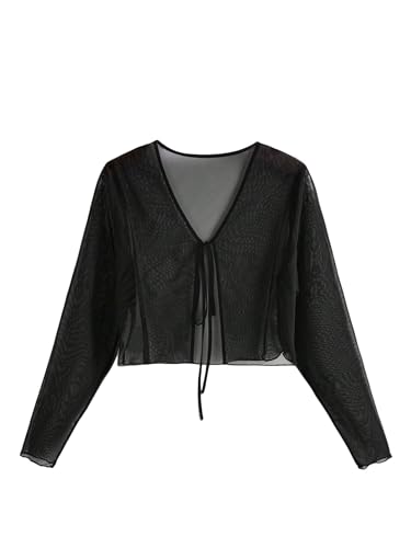 MakeMeChic Women's Plus Size Mesh Sheer V Neck Tie Front Crop Tops Long Sleeve Cardigan Mesh Top3