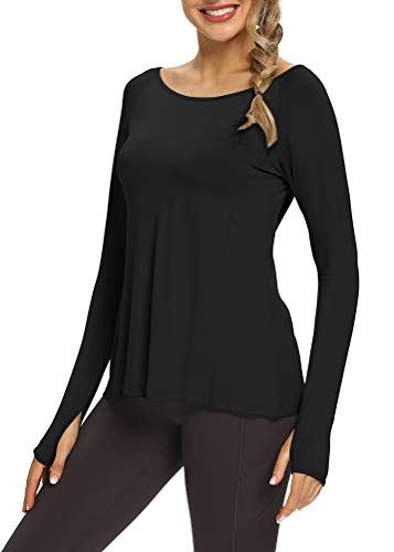 Mippo Long Sleeve Yoga Tops Cute Workout Clothes Athletic Active Tee Shirts Yoga Tops for Women Loose Fit Gym Exercise Sweatshirts Active Wear for Women Black M