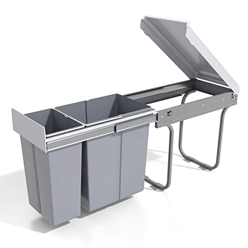 Image of jxgzyy Pull Out Kitchen Bin 10L+20L Sliding Double Trash Can with Lid Under Cabinet Categorize Garbage Easy to Disassemble Kitchen Recycling Trash Container Bin, Gray