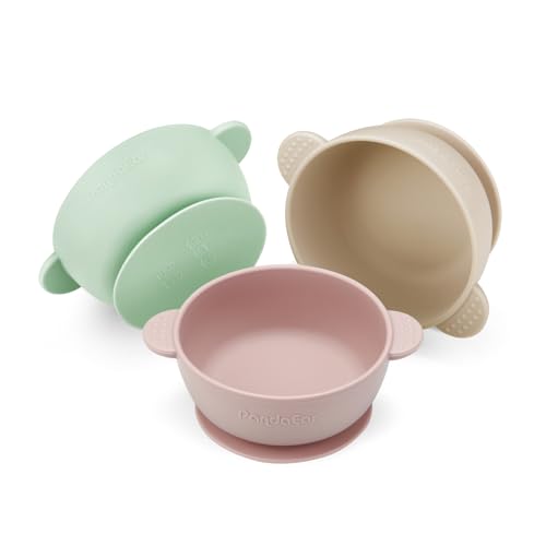 Image of PandaEar 3 Pack Baby Bowls with Suction| Stay Put Silicone Food Bowl for Babies Kids Toddlers Infants| Food Grade Soft Safe BPA-Free Silicone (Pink Green Light Tan)
