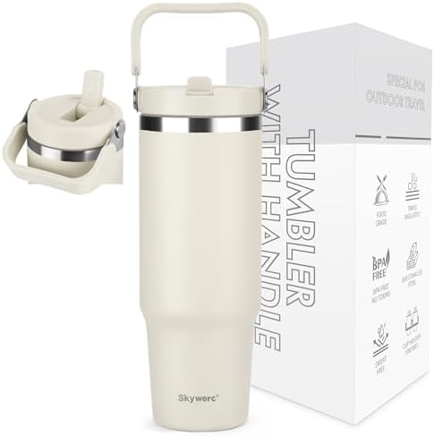30 oz Tumbler with Handle | Leakproof Tumbler with Flip Straw and Top Handle | Reusable Insulated Water Bottles Thermal Cup for Home, Office | Fit in Car Cup Holder | Keep Cold for 30 Hrs | Beige