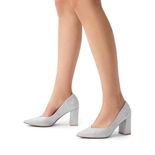 DREAM PAIRS Women’s High Chunky Closed Toe Block Heels Pointed Toe Wedding Party Elegant Slip On Pumps Shoes,Size 9,Silver,SDPU2229W