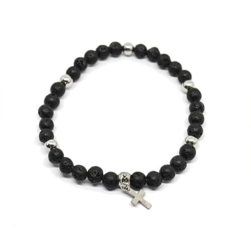 Bracciale uomo con perle di pietra lavica da 6mm e croce in acciaio