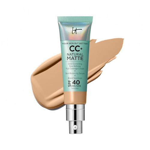 IT Cosmetics CC+ Cream Natural Matte (Medium Tan) - Poreless Full Coverage Foundation With SPF 40, 16HR Shine Control, Color-Corrector, Skin-Balancing Serum, Noncomedogenic - 1.08 fl oz
