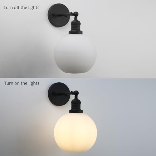 Image of Pathson Modern Wall Sconce Lighting with 7.9 inch Milk White Round Globe, Frosted Glass Hardwired Vintage Vanity Light Fixture for Living Room Bedroom Bathroom
