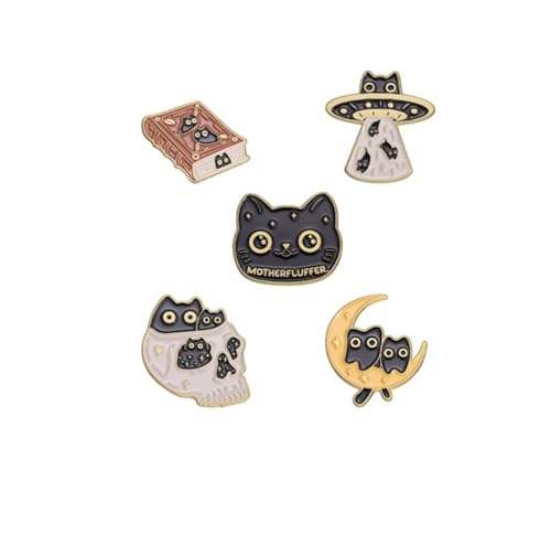 Image of 5pcs Book Cat Moon Planet Styling Brooch Pin Cartoon Fashionable Versatile Metal Enamel Badge Pin Clothing Backpack Pins Decoration Pin Accessories Jewelry Gifts