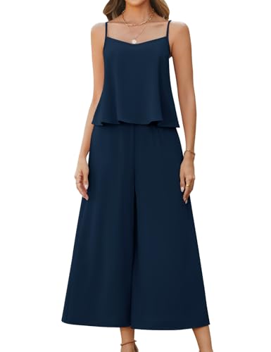 Image of Fashora Womens Two Piece Outfits Summer Casual Tracksuit Sleeveless Crew Neck Tank Tops Flowy Wide Leg Trousers With Pockets for Women Lounge Wear Sets (Navy Blue, M)