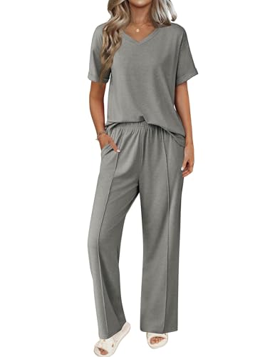 Image of Ekouaer Pajamas for Women Set 2 Piece Short Sleeve Tops with Long Pants V Neck Soft Pjs Casual Lounge Set with Pockets