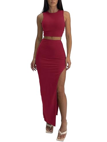 Image of ELLEVEN Sexy 2 Piece Maxi Skirt Sets for Women, Going Out Outfits | High Stretch, Lightweight, Slim Fit, Sleeveless Knit Crop Tank Top, High Slit Skirt Dress Set, Summer Date Night Outfits