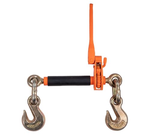 Image of Mytee Products 1 /2 inch - 5 /8 inch Hi-Viz Orange Quick Folding Handle Ratchet Load Binder with Grab Hook 18,100 lbs WLL | Tie Down Hauling Chain Binders for Flatbed Truck Trailer